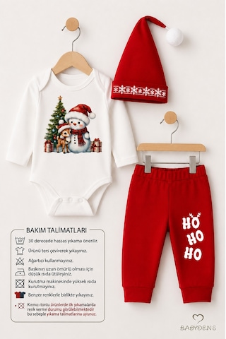 Babyden's Bebek Yılbaşı Noel Kıyafeti 3 Lü Takımı Snowman Baskılı Body,kırmızı Pantolon,noel Şapkası Unisex Kırmızı - Beyaz