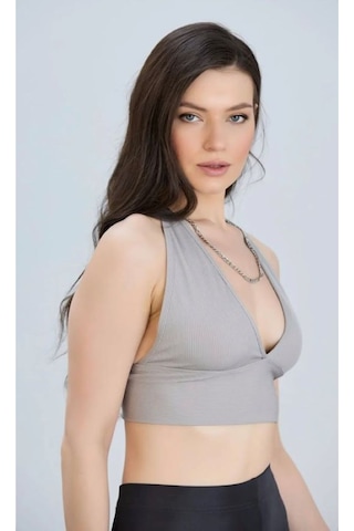 Derin V Yaka Crop Bluz - S504564 Gri