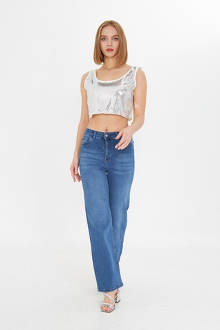 Kutaf Mavi Yüksek Bel Kar Yıkama Likralı Geniş Paça Palazzo Jeans Mavi