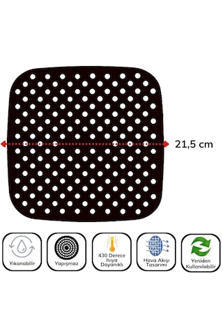 Lunaev Siyah Isıya Dayanıklı Yıkanılabilir Silikon Fırın Ve Airfryer Kare Model Pişirme Matı 21,5 Cm