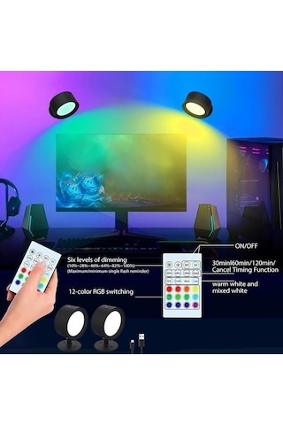 Trendooze 2 Adet Gaojunshop01 Led Duvar Lambası Uzaktan Dokunmatik Kumanda 12 Renk 360 Derece Döner Usb Şarj Renkli Işık