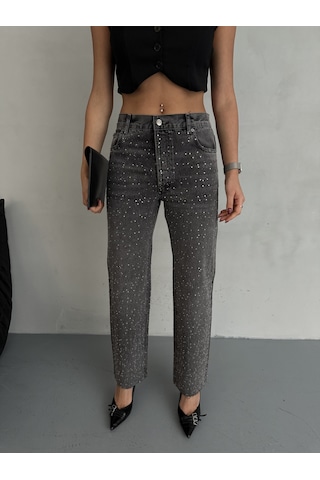 Kadın Taşlı Premium Gri Kot Pantolon Gri