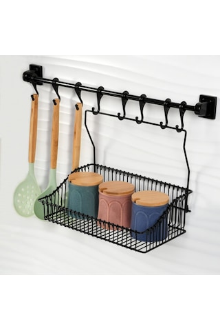 Vidasız Montaj Duvar Rayı 8li Askı(45cm) Ve Sepet 30 cm
