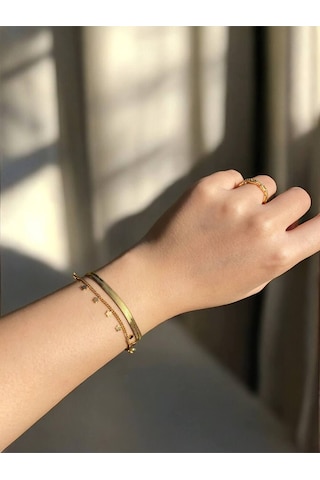 Yıldız Detaylı İtalyan Zincirli Çift Sıra Kadın Bileklik Altın