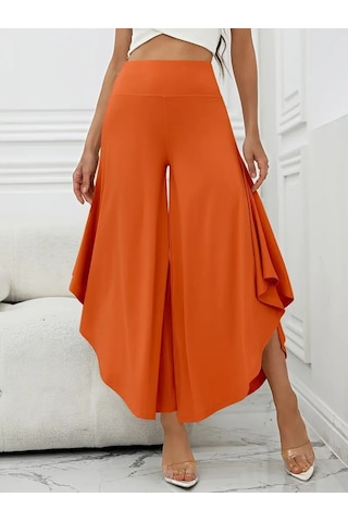 Kadın Yüksek Belli Geniş Paçalı Yanlardan Açık Sandy Pantolon Turuncu
