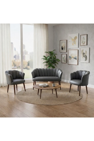 Papatya 2+1+1 Deri Kumaş Ofis & Büro İş Yeri Bekleme Koltuğu Takımı Ahşap Ayak - Gri