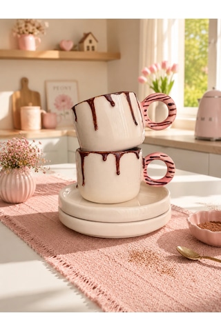 Pink Drop İki Kişilik Türk Kahvesi Takımı Beyaz