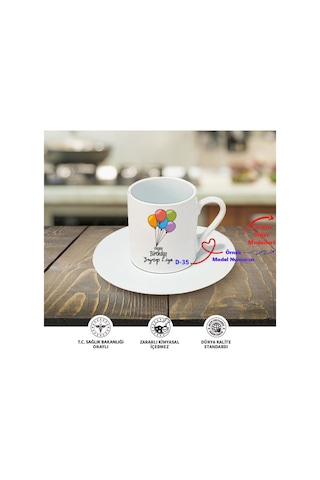 Kişiye Özel Türk Kahve Fincanı, Doğum Günü Temalı Hediyelik Fincan D Serisi Beyaz
