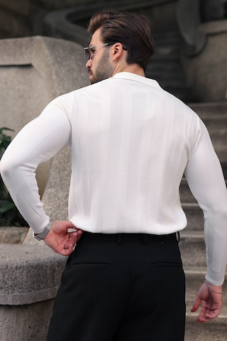 Madmext Beyaz Regular Fit Polo Yaka Triko Erkek Kazak E7509