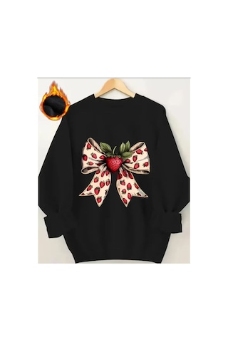Herkesemoda Çilek Kurdele Baskı Detaylı Bisiklet Yaka Sweatshirt Siyah