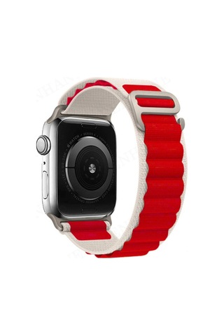 Apple Watch Uyumlu- 42mm Mountain Kordon - Beyaz-kırmızı
