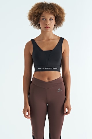 Tommy Life Siyah Yazı Baskılı Renk Bloklu Dar Kalıp Dalgıç Kumaş Kadın Büstiyer - 97271 Siyah