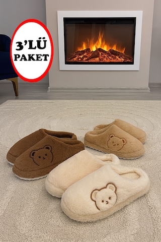 3'lü Paket Fluffy Kapalı Kadın Terlik Ev Terliği Paket Ürün
