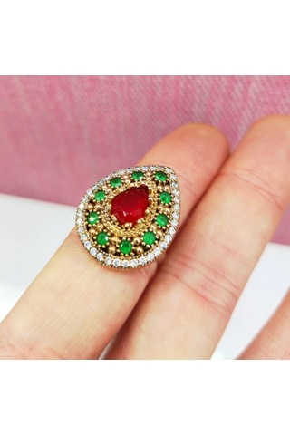Oriental Kuyumculuk Jewellery Zümrüt Ve Yakut Taşlı Otantik Damla Modeli Gümüş Yüzük Kırmızı