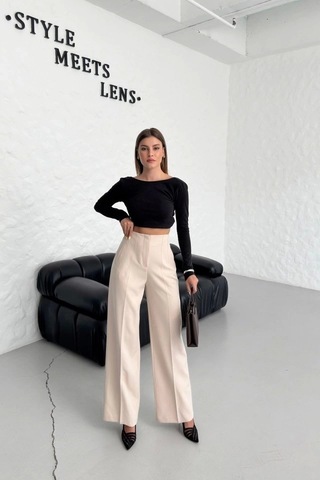 Defymoda Yüksek Bel Pensli Palazzo Pantolon Bej