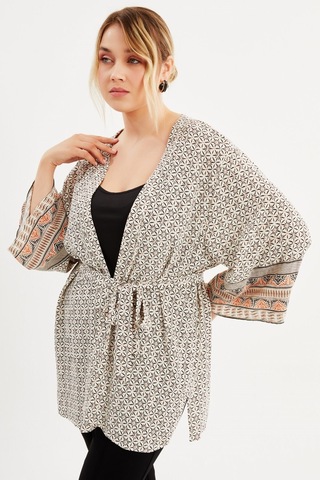 Desenli Kemer Detaylı Kimono - Krem