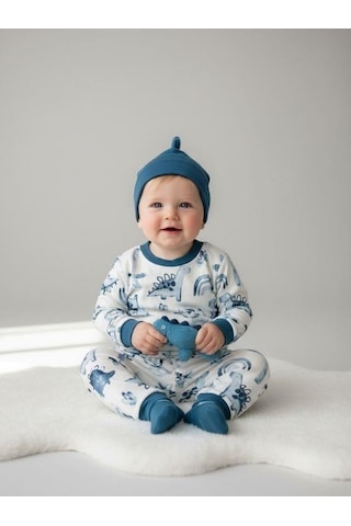 Zekids Erkek Bebek Pamuklu Dinazor Desenli Pijama Takımı-16268 Mavi