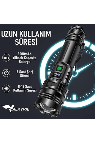 Valkyrie Profesyonel Şarjlı Led El Feneri Güçlü Avcı Feneri, Uzun Pil Ömrü, Dayanıklı Tasarımavcı Feneri Siyah