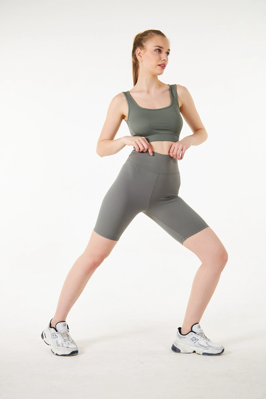 Thiff Gymwear Haki Yüksek Bel Toparlayıcı Kısa Şort Spor Fitilli Biker Tayt Haki