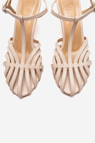 Luvishoes Luvi Shoes Felip Ekru Cilt Bantlı Kadın Kısa Topuklu Ayakkabı Ekru