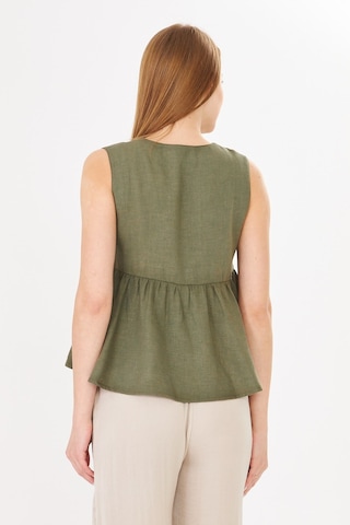 Sortie Collection V Yaka Tek Düğmeli Peplum Haki Keten Bluz