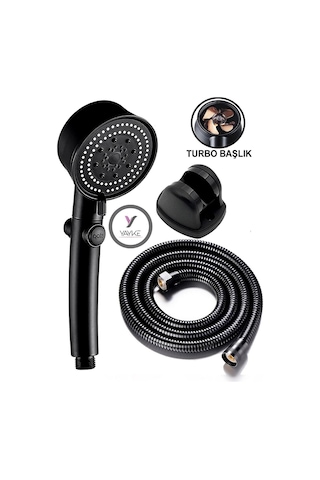Yayke Turbo Pervaneli 5 Fonksiyonlu Duş Başlığı Siyah Duş Seti Siyah