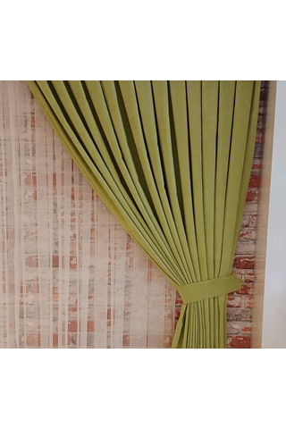 Fıstık Yeşili Renk Fon Kadife Perde Çift Kanat 1/3 Sık Pileli Dikim V-19 Fıstık Yeşili