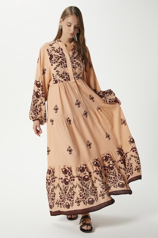 Modest Rosabella Pudra Kadın %100 Viskon Maksi Boy Katlı Balon Kol Uzun Yazlık Elbise Pudrasiyah