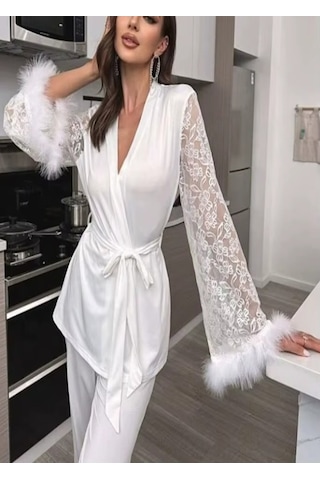 Ece's Design Lüks İpeksi Saten Dantelli Ortiş Tüylü Kadın Pijama Takımı 2 Parça W2012 Beyaz