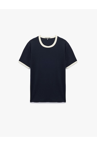 Koton Kısa Kollu Bisiklet Yaka Renk Kontrastlı Pamuklu Slim Fit Tişört Lacivert 6wam10098hk Lacivert