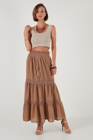 Lela Güpürlü Beli Lastikli Uzun Bayan Etek 611Et0106 Camel