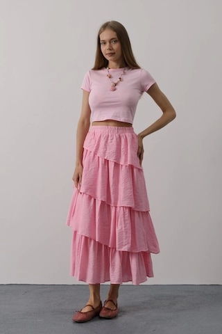 Katlı Kesim Uzun Etek - Pembe Pembe