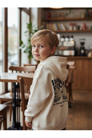 Zekids Erkek Çocuk Ayıcık Desenli Kapüşonlu Eşofman Takım-16350 Krem Siyah