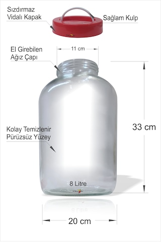 Büyük Şişman 8 Lt Litre Paşabahçe Şişecam Sızdırmaz Kapaklı Kulplu Turşu Baharat Sebze Meyve Reçel Salça Yoğurt Mayalama Saklama Kavanozu Şeffaf
