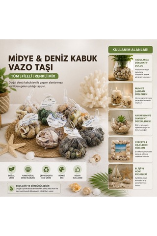 Dekoratif Vazo Taşı - Midye Ve Deniz Kabuğu - Fileli Renkli Mix Sarı
