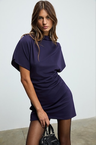 MAXINE Kadın Omuz Ve Bel Kısımlarında Pile Detaylı Dik Yaka Fermuarlı Kısa Kollu Mini Mor Elbise