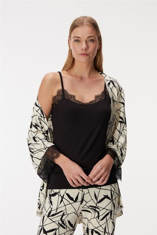 Anıl Kadın Sabahlıklı Kolları Dantel Detaylı İp Askılı 3'lü Pijama Takım Siyah