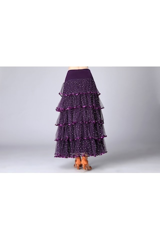 Sones Pullu Salıncak Modern Dans Uzun Etek Yarışma Kostümü Mor