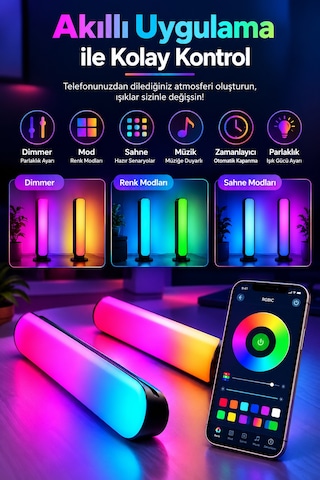 Nova 2 Li Rgbıc Masaüstü Led Lamba Telefon Ve Kumanda Kontrollü, Yatay Ve Dikey Kullanım Rgb-ıc