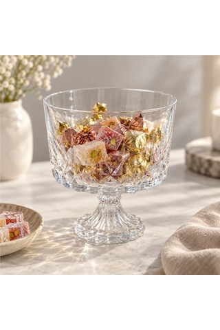 Deconox Kristal Desenli Ayaklı Şeffaf Cam Kase 17 X 17 Cm, Meyve, Kurabiye, Lokum, Çerez Ve Dekoratif Sunum Kasesi, Tekli