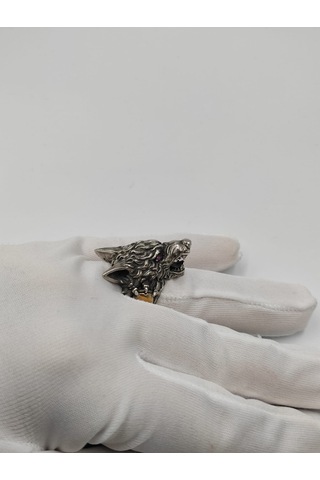 Kurt Kafası Mor Taşlı Erkek Yüzüğü 25 Mm 925 Ayar Gümüş Yüzük