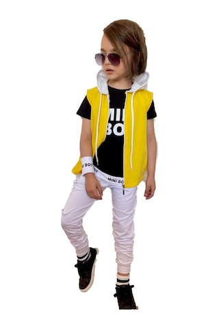 Riccotarz Erkek Çocuk Mini Boy Yazı Ve Şerit Detaylı T-shirt Kolsuz Sarı Yelek Eşofman Takım Buz Mavi