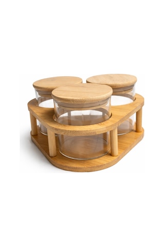 Bambu Standlı 3 Lü Cam Baharatlık Seti Kapaklı, Şık Mutfak Düzenleyici 8x8 Cm Kavanoz Şeffaf