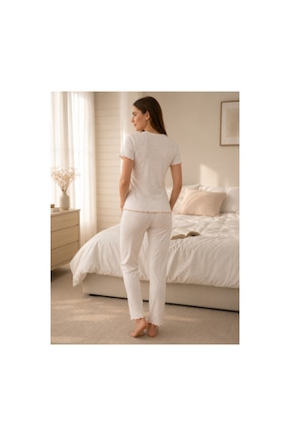 Pijamask Kadın Ekru Fitilli Pamuklu Pijama Takımı Kısa Kollu Bisiklet Yaka Uzun Pantolon Rahat Ev Giyim P10-112 Ekru