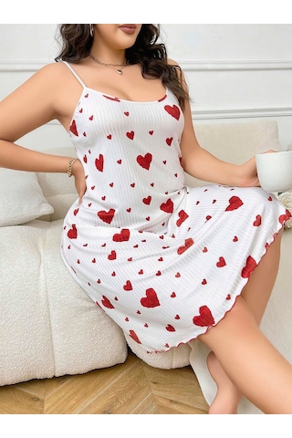 Arias Closet Büyük Beden Kalp Desen Pamuklu İnce Askılı Uzun Gecelik Beyaz