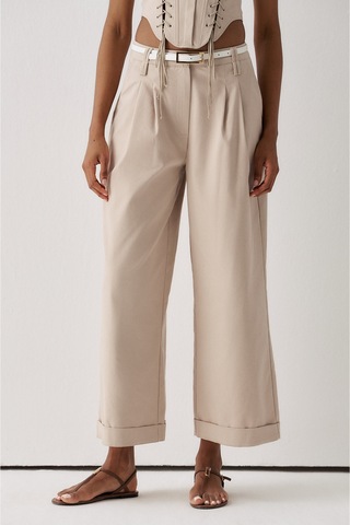 Sagaza Studio Ss6153 Kemerli Cep Detaylı Bol Pantolon Bej