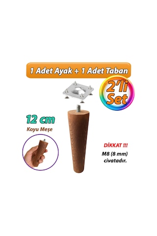 Ahşap Ayak 12 Cm 2'li Set Koyu Meşe M8 Civatalı Bağlantı Aparatlı Dolap Mobilya Koltuk Kanepe Destek Ayağı Ayakları Koyu Meşe