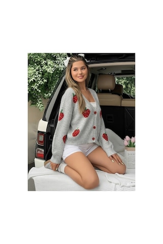 Flex Fashıon Kadın Trend Çilek Detaylı Popüler Yumoş Triko Hırka Açık Gri Gri - 731489809 Gri - 731489809 Gri
