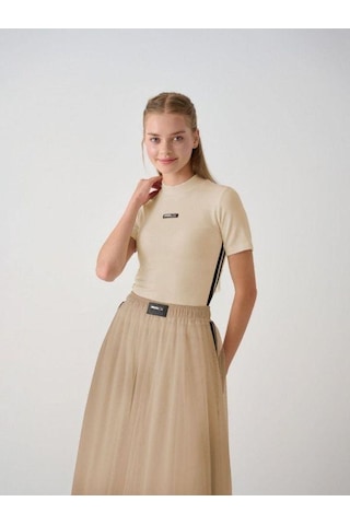 Kız Çocuk Yarım Balıkçı Yaka Tül Tasarım Etekli Takım-14934 Bej