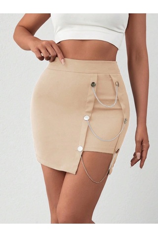 Zincirli Mini Etek S241008 Bej